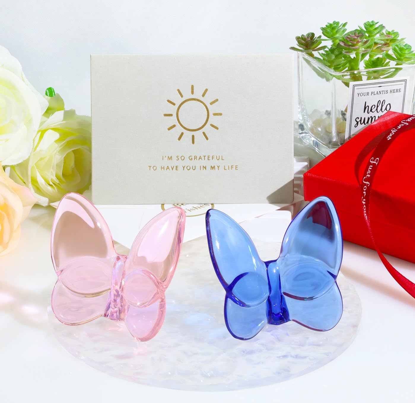 DUQGUHO Butterfly Gifts Decor Blue Butterflies Crystal Glass Figurines Flying Crystal Animal Collectible Desk Home Bedroom Office Decoration