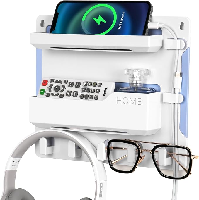 YONGAIJIA Bedside Wall Mount Shelf, Adhesive Bedside Organizer for Remote、Phone、Glasses. Bedside Accessories Storage Suitable for College Dorm 、bunk Bed 、 Bedroom、Rv（White）