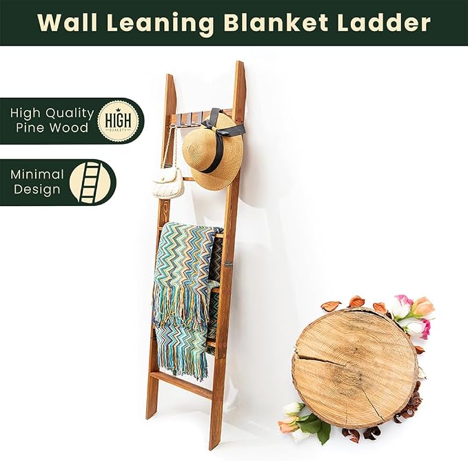 Decorative Wooden Blanket Ladder with Removable Hooks for The Living Room & Bedroom, Pine Wood, Easy Assembly 6-Tier Wall Leaning Rack Stand 68 inch for Displaying Blankets & Scarves, Brown