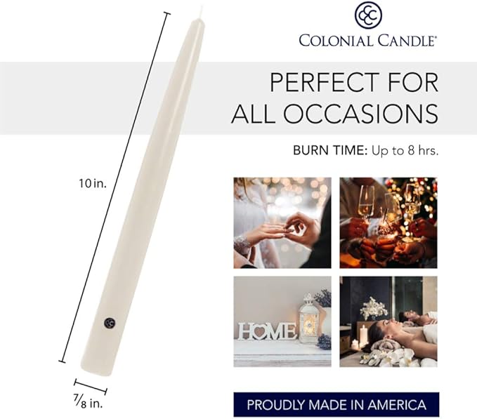 Colonial Candle Unscented Taper Candle, Handipt Collection, Ivory, 10 In, Pack of 12 - Up to 8 Hours Burn
