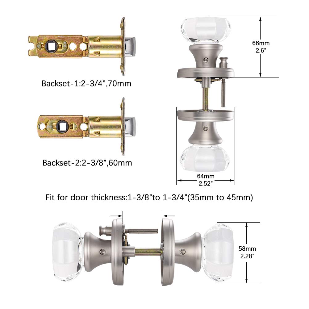 CLCTK Crystal Glass Door Knobs Interior, Modern Bathroom Bedroom Door Knobs with Lock Privacy Function, Satin Nickel