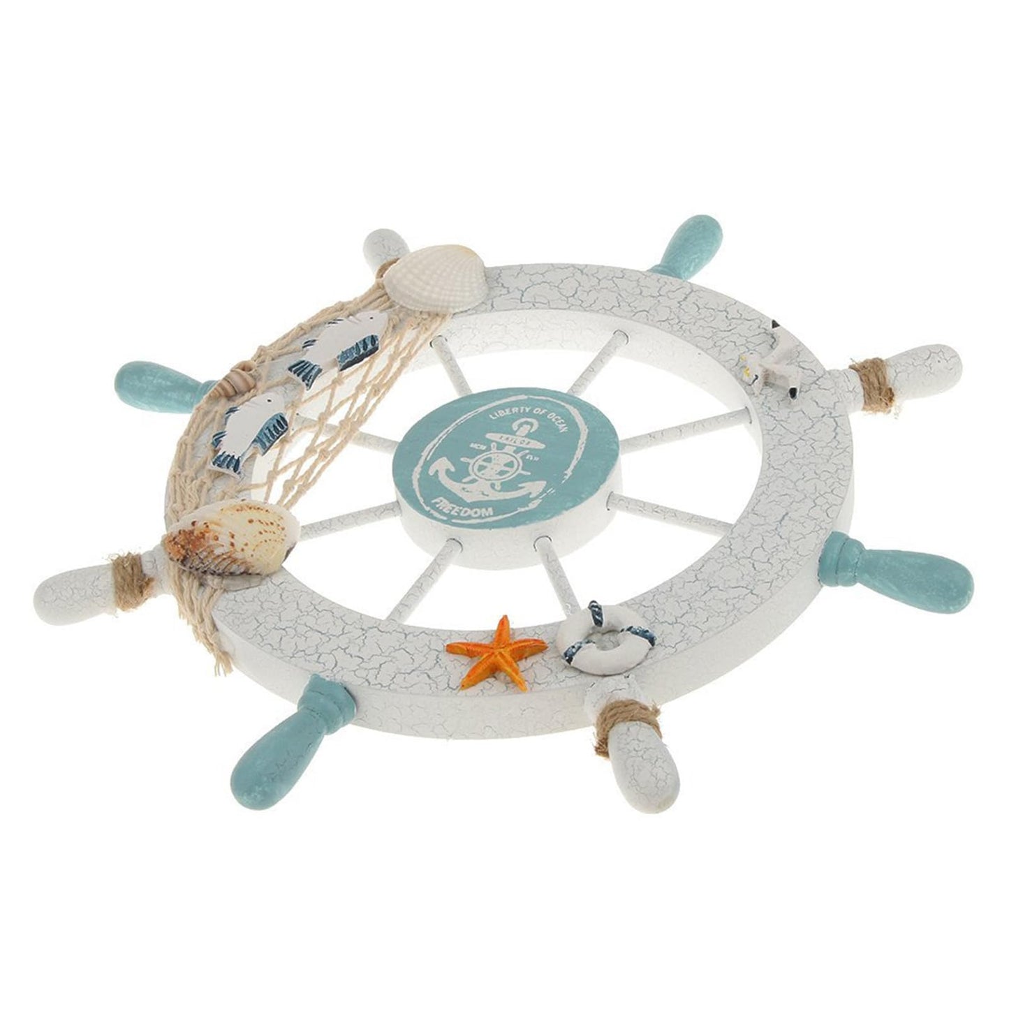Rienar Nautical Beach Wooden Boat Ship Steering Wheel Fishing Net Shell Fish Home Wall Décor(11" Diameter)