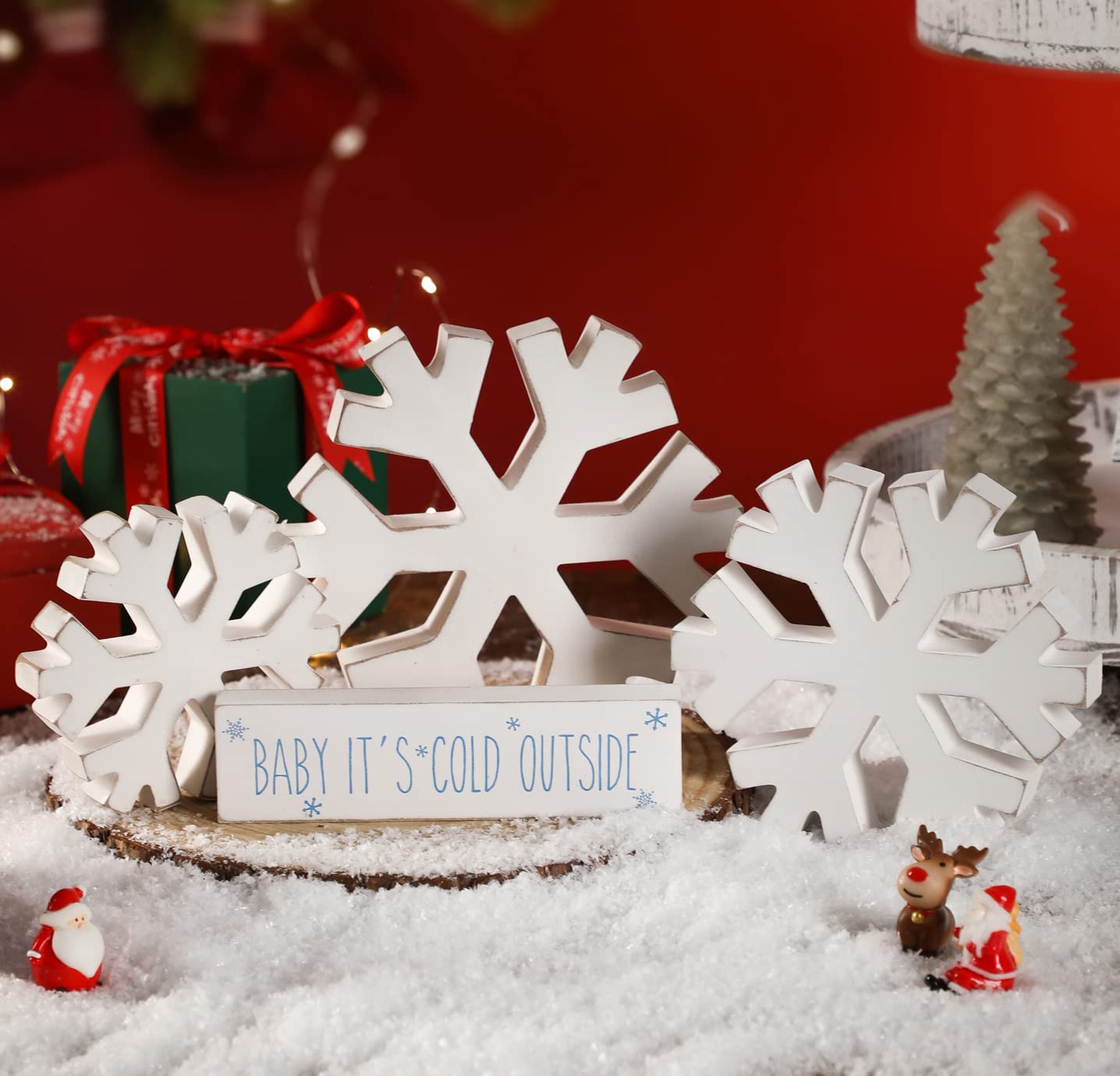 4 PCS Winter Wooden Snowflakes Decor - Christmas Snowflake Signs - Christmas Fireplace Decoration for Party - Tabletop Fireplace Decors Indoor