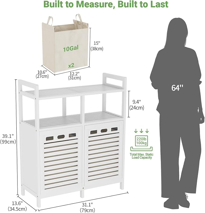 Homykic Tilt Out Laundry Hamper Cabinet, Bamboo Double Laundry Hamper with 2 Removable Laundry Baskets, 20 Gal Laundry Sorter Organizer with Shelf for Dirty Clothes, Bathroom, Laundry Room, White