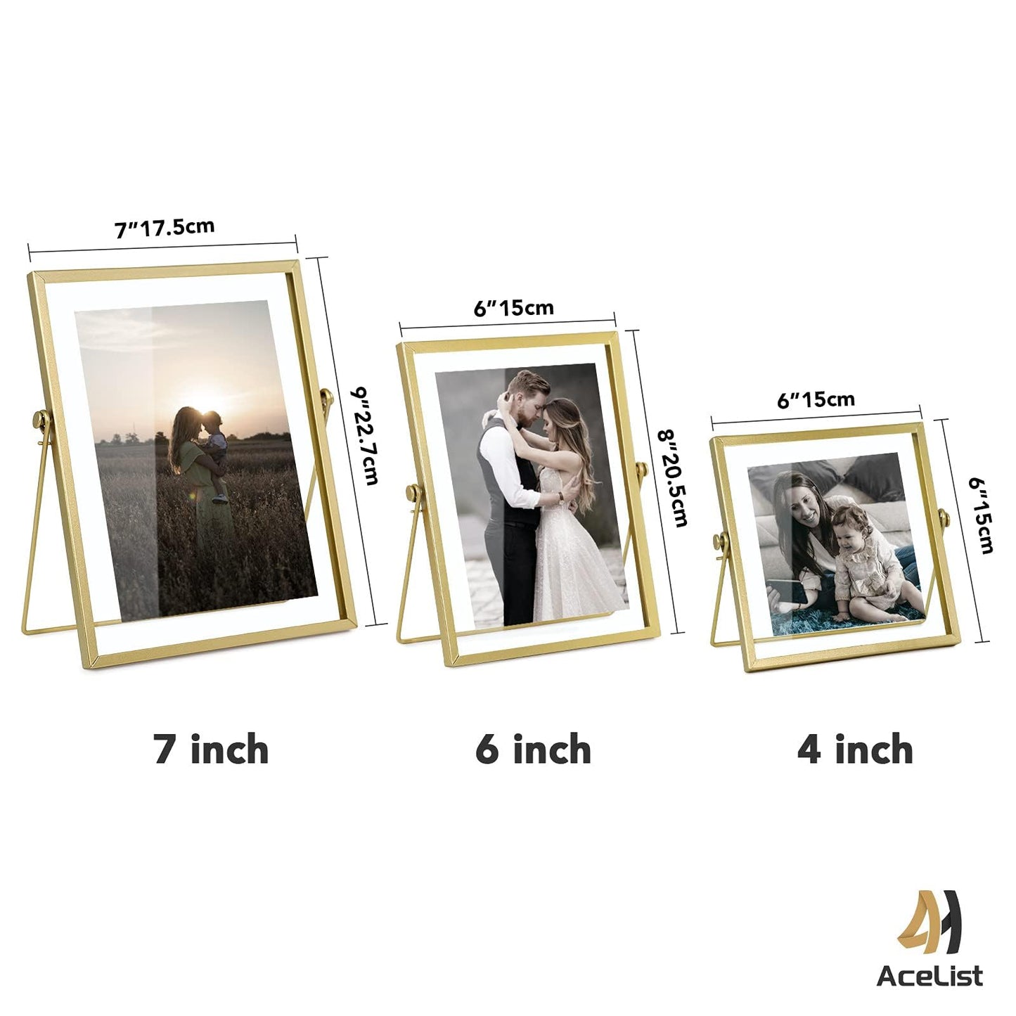 AceList Set of 3 Glass Photo Frame Collection Simple Metal Geometric Picture Frame with Glass Cover Includes 4"" x 4"", 4"" x 6"", 5"" x 7""