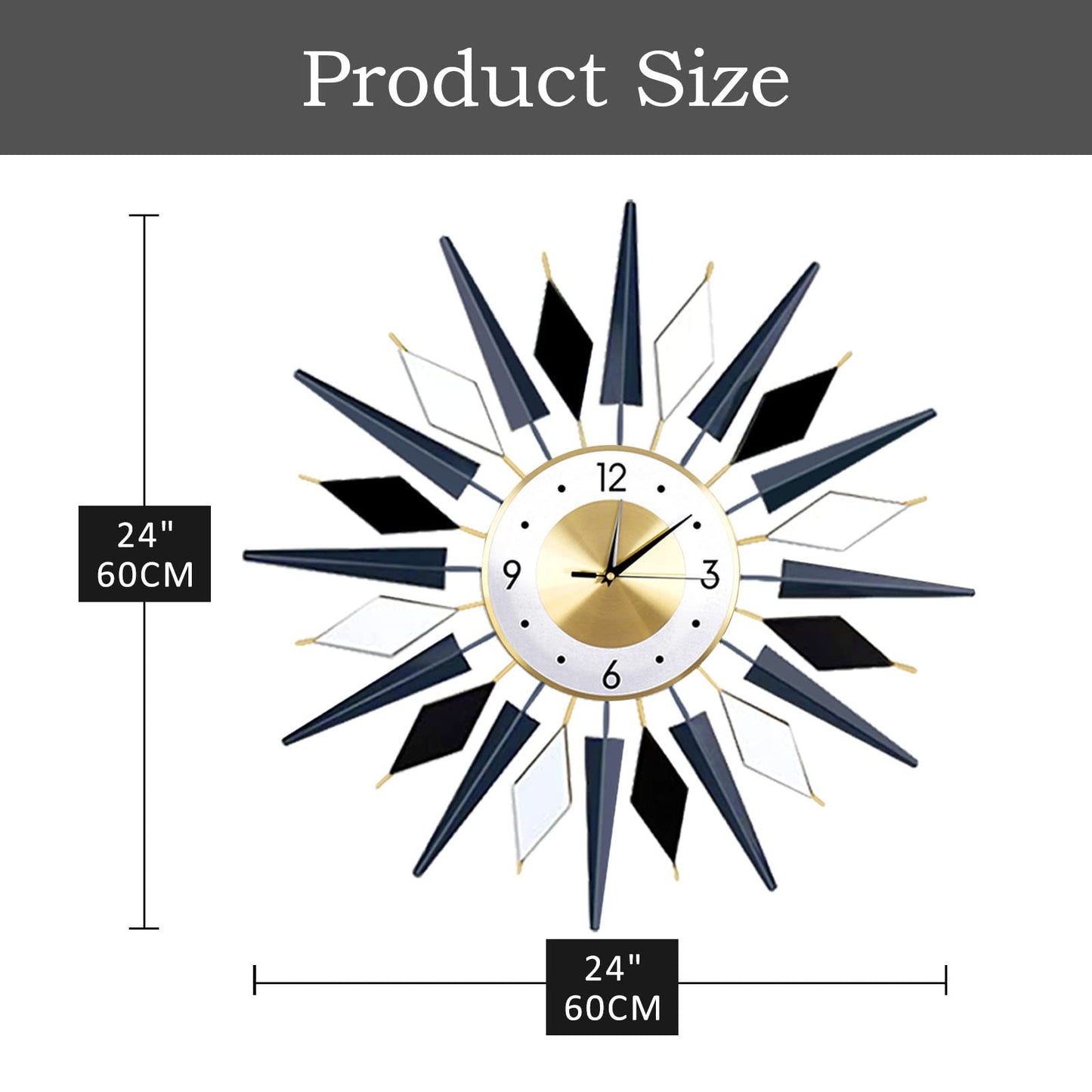 FMTAD Large Metal DecorativeSilent Non-Ticking Modern Big Wall Clocks for Living Room Dining Room Bedroom Decor, Dia 24 Inch Blue Black White