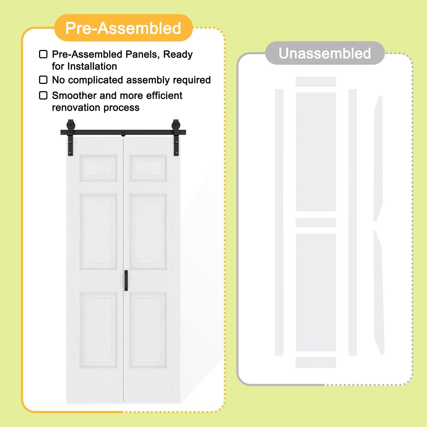 48" x 84" Pre-Assembled 6 Raised Panels Bifold Barn Door, Paintable White Primed Pre-Finished Bi Fold Barn Door and Hardware Kit Included, 56" Track Kit for 4 Closet Doors for Pantry Laundry Bathroom