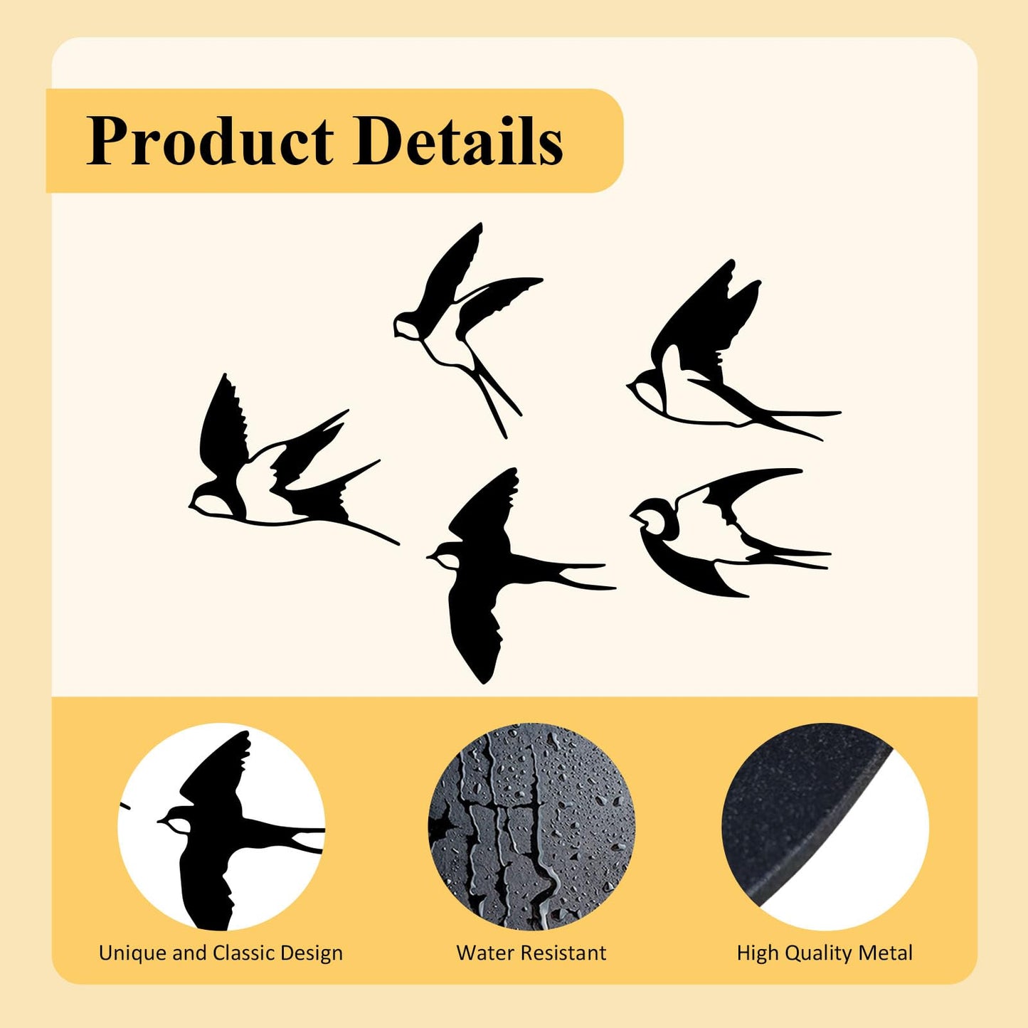 ESTART Birds Metal Wall Decor, 5 Pcs Black Birds Metal Wall Art Outdoor Hanging Decorative Bird Wall Sculpture for Home Kitchen Patio Bedroom Living Room Bathroom Garden