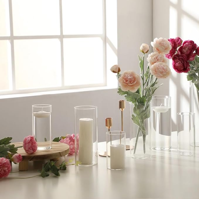 Set of 6 White Pillar Candles and Hurricane Candle Set, Clear Cylinder Vases Pillar Candle Holders for Pillar Candles, Glass Candle Holders for Party, Table, Home Decor, Wedding Centerpieces