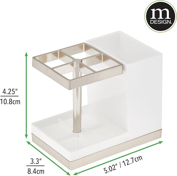 mDesign Plastic Toothbrush and Toothpaste Storage Organizer Holder - Home Decor for Bathroom Countertop - Holds Toiletries and Beauty Accessories - Lumiere Collection - White/Brushed