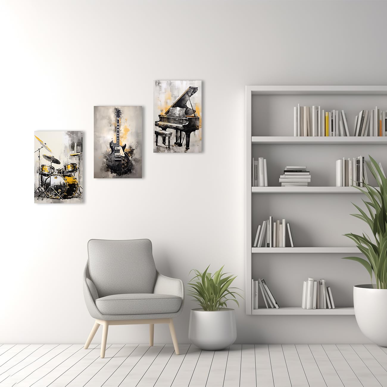 QIXIANG Music Canvas Wall Art for Music Lover Gift - 3 PCS Black and Gold Guitar, Piano, Drum Set Picture Prints - Framed (A, 20.00" x 28.00" x 3Pcs)