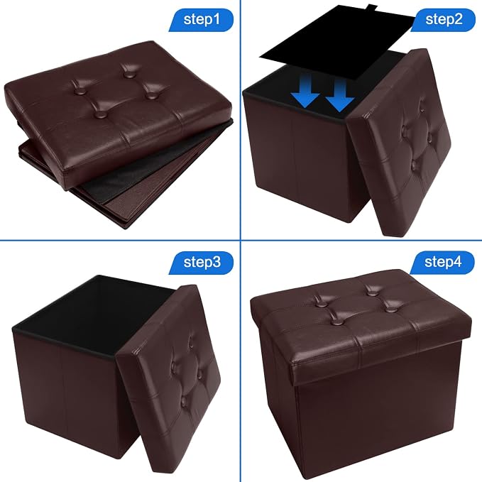 Bsketa Storage Ottoman, Folding Foot Stool with Thicker Foam Padded Seat Small Leather Storage Ottoman Bench Foot Rest for Living Room Foldable Coffee Table 17x13x13in,Brown
