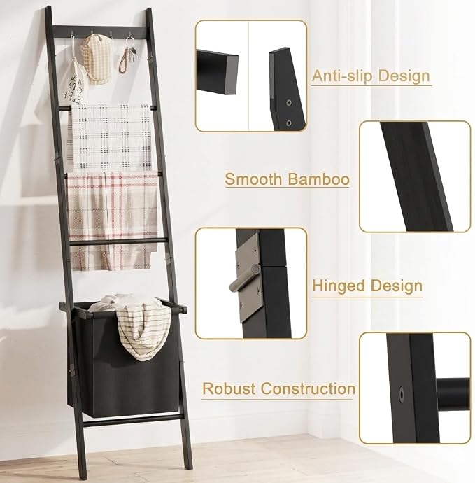 BAMBANG Bamboo Blanket Ladder with Basket, 5-Tier Quilt Rack Stand with 4 Hooks & Storage Hamper for Living Room Bathroom, Wall Leaning Decorative Ladder Shelf for Blankets Display (Black)