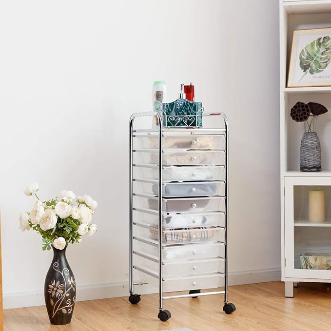 Giantex 10 Drawer Rolling Storage Cart Scrapbook Paper Office School Organizer (Clear)