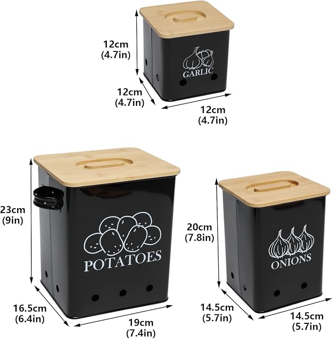 Kitchen Canisters Set, Storage Bin for Potato Onion & Garlic, 3 Pack Set Countertop Pots Containers with Wooden Lid - Potato Storage, Garlic Bin, Onion Keeper Tin with Aerating Holes-Black