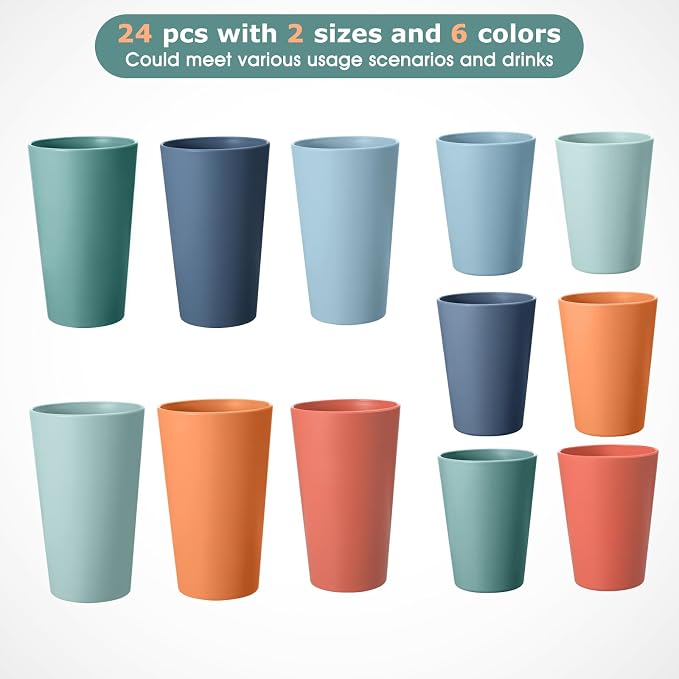 HEYCOME 24 Pcs Unbreakable Plastic Cups Set, 12 Pcs 14 oz and 12 Pcs 20 oz Reusable Plastic Cups, Stackable Water Tumblers, Drinking Cup for Kitchen, BPA-free, Dishwasher and Microwave Safe, 6 Colors