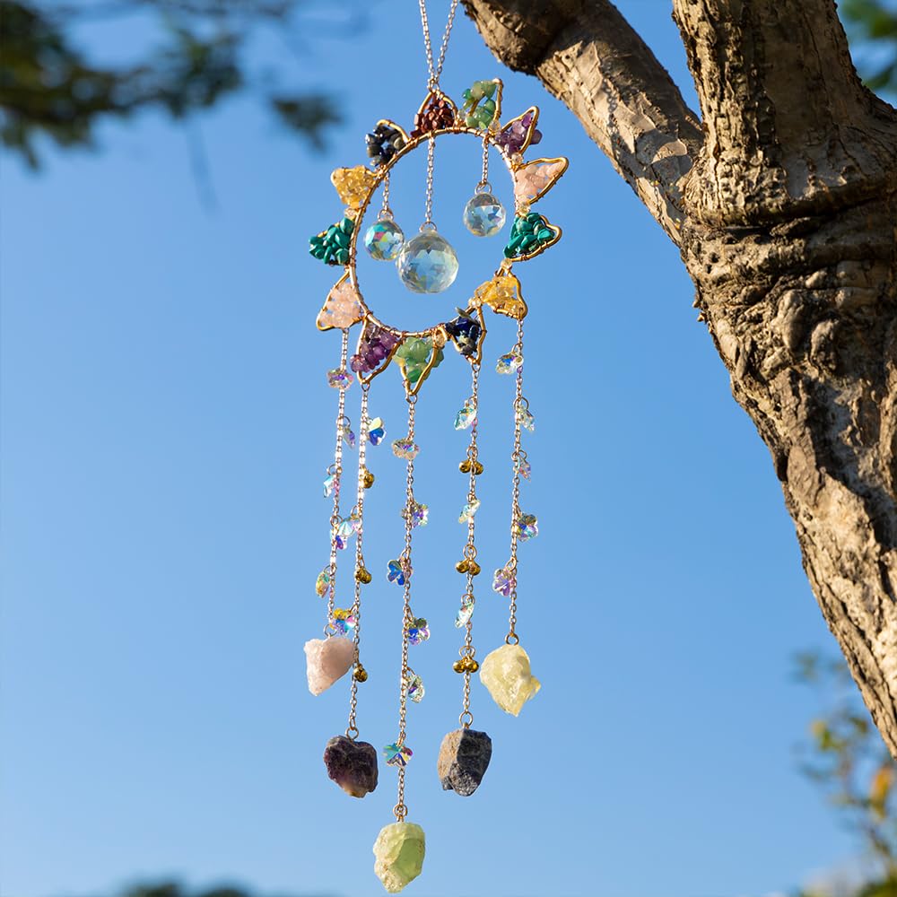 7 Chakra Crystal Sun Catcher Hanging Decor, Rainbow Maker with 3 K9 Crystal Prism Balls & Natural Crystal Stone, Wall and Window Decor Ornament for Home, Bedroom, Balcony, Handmade Gift.