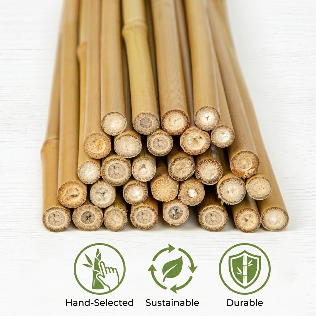 Plant Stakes Natural Bamboo Sticks - 30 Pcs Bamboo Garden Stakes for Plants 4.8 FT Plant Support Sticks with Twist Ties for Tomatoes Beans Flowers Indoor Outdoor Potted Climbing Plants