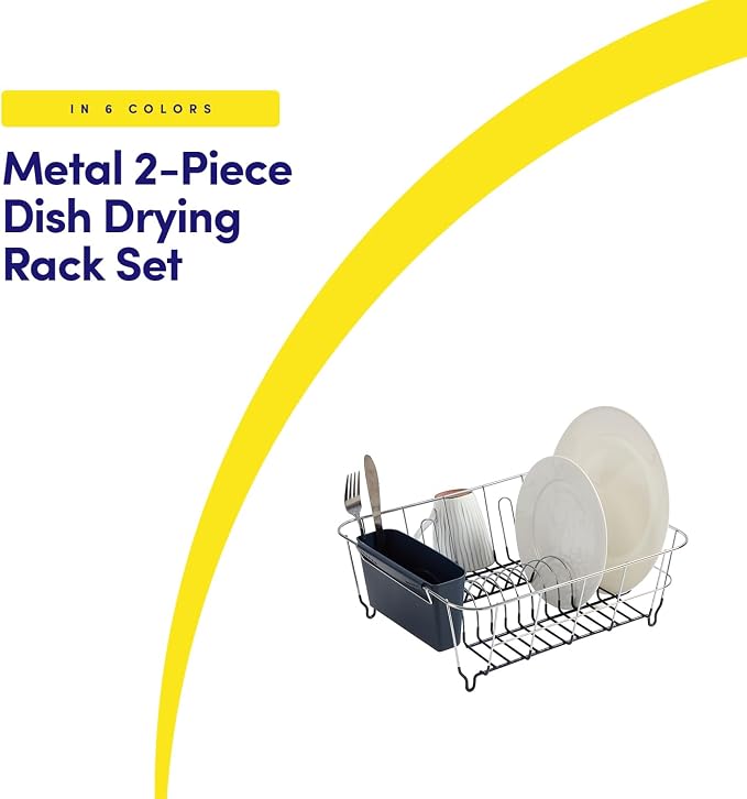 Dish Drying Rack & Cutlery Holder 2 Piece Set - Compact Sink-Fitting Dish Drainer with Rubberized Undercoating, Space-Saving Kitchen Organizer for Plates, Cups, Bowls & Utensils in Sink, Navy Blue