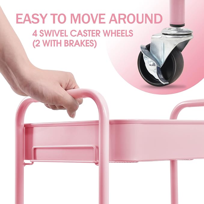 TOOLF 3-Tier Rolling Cart - Metal Utility Storage Organizer with Lockable Wheels, 33 lbs Per Shelf, Tool-Free 5-Min Assembly, for Kitchen Bathroom Office Nursery Craft Room, Pink
