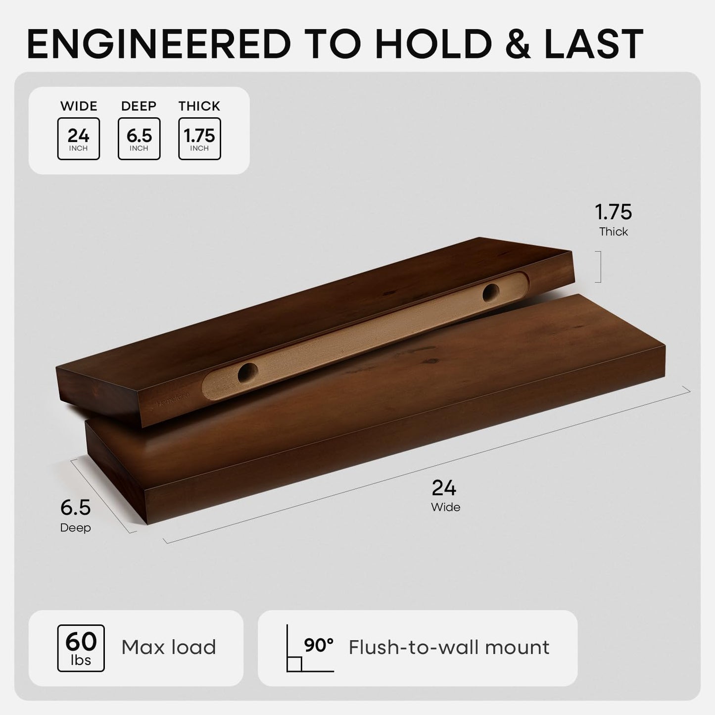 Homeforia 24inch Walnut Floating Shelves for Wall, High End Solid Real Wood 24in Floating Shelf for Bathroom, Dark Brown 24 inch Long Floating Shelves, Heavy Duty Bracket, 24 X 6.5 X 1.75 in, Set of 2