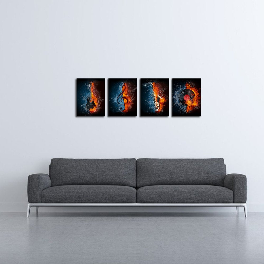 VVOVV Wall Decor - 4 Panel Music Canvas Painting Instrument Series Picture Prints Electric Guitar,Music Note,Saxophone and Turntable Wall Art (Music Wall Art)
