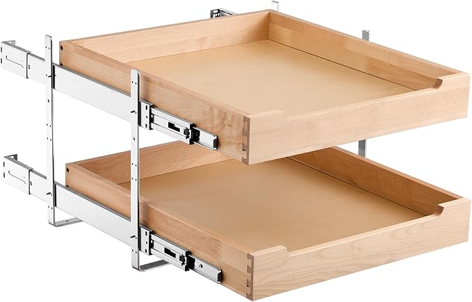 VEVOR 2 Tier Pull Out Cabinet Organizer, 20" W x 21" D Cabinet Drawer, Soft Close Slide out Shelf, Heavy-Duty Sliding Wood Drawer, Adjustable Base Cabinet Organization for Kitchen Pantry Bathroom