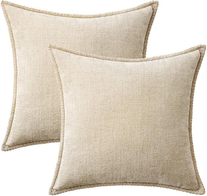 MIULEE Pack of 2 Couch Throw Pillow Covers 20x20 Inch Beige Farmhouse Decorative Pillow Covers with Stitched Edge Soft Chenille Solid Dyed Pillow Covers for Sofa Bed Living Room