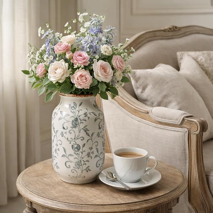 SIDUCAL Ceramic Vintage Vase, 8.78 Inch Chinoiserie Floral Vase, Retro Ice Cracked Rustic Farmhouse Vases for Home Decor, Living Room, Bookshelf, Office, Tuscan Decor, Gray Floral Pattern