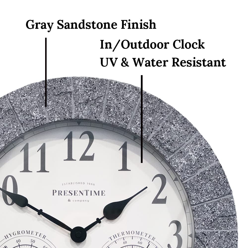 Presentime & Co Sandstone Outdoor Clock with Thermometer & Hygrometer as All in one Weather Station, 14", Gray Sandstone Finish. Weather Thermometer, Outdoor Décor, Wall Décor.