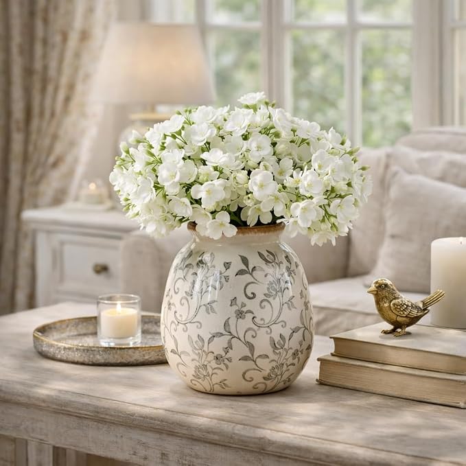 SIDUCAL Ceramic Vintage Pastoral Vase, 7.2 Inch Chinoiserie Floral Vase, Retro Ice Cracked Rustic Farmhouse Vases for Home Decor, Living Room, Bookshelf, Office, Tuscan Decor, Gray Floral
