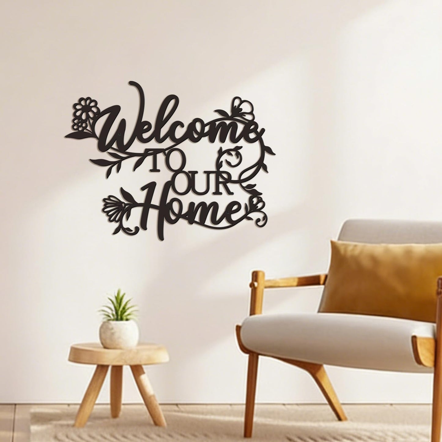 Zzbakress Welcome Sign - Outdoor Metal Wall Decor, Welcome To Our Home Sign Entryway Wall Decor, Text And Flowers Black Metal Wall Art For Living Room, Dining Room, Porch, Entry (Floral)