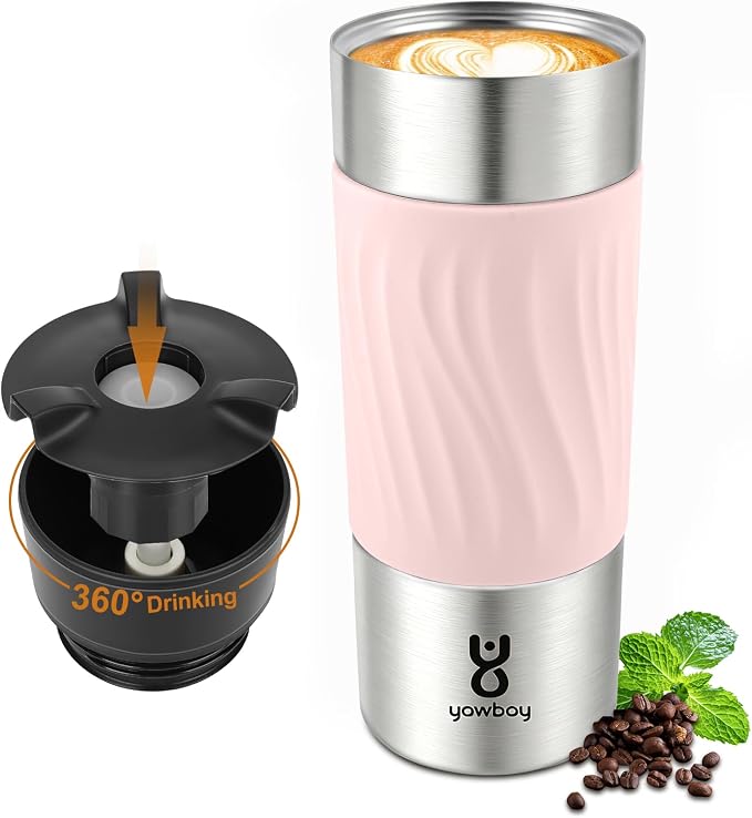 Travel Coffee Mug with 360°Lid, Travel Coffee Tumbler 16 oz Leak Proof, Stainless Steel Insulated Travel Mugs for Hot and Cold Spill Proof Leak Proof(Pink)