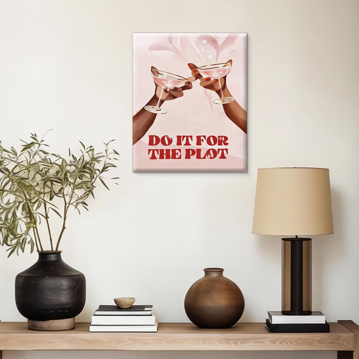 BIQRP Pink Cheers Bar Cart Wall Art - Cute Cocktail Bar Party Wall Decor - Do It for The Plot Artwork for Home Living Room Kitchen