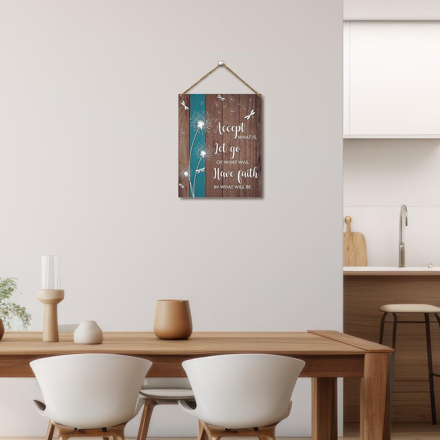 Dandelion Gift Accept What is Let Go of What was Have Faith in What Will Be Inspirational Wood Hanging Sign Plaque with Rope Bedroom Wall Home Shelf Porch Living Room Kitchen Decor -51