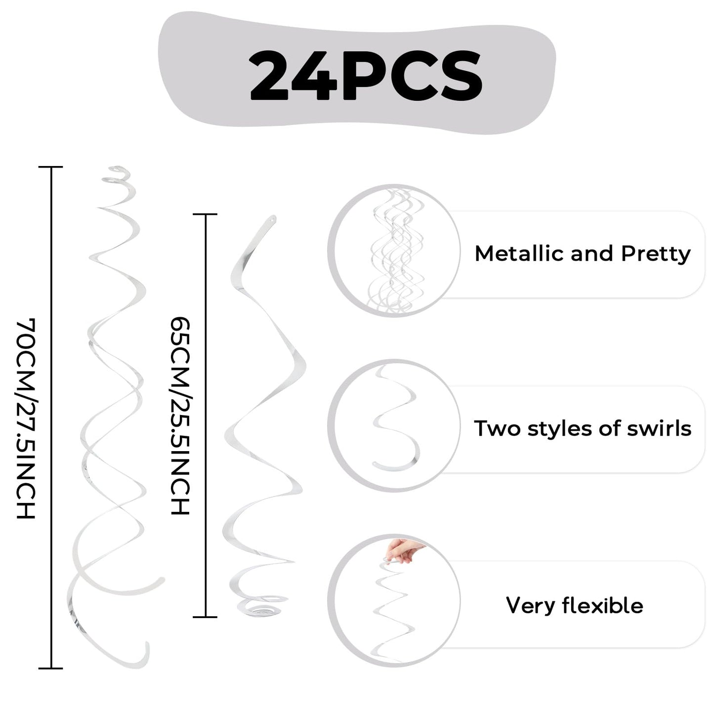 24 PCS Silver Foil Hanging Swirl, Sparkle Ceiling Hanging Decorations, Plastic Streamer Party Decorations, Swirl Decorations with Double-Swirls and Single-Swirls for Birthday,Happy New Years