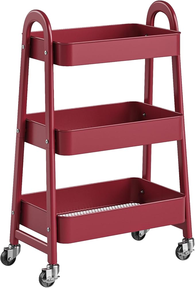 OLIXIS Metal 3 Tiers Utility Rolling Cart, Mobile Storage Shelf with Lockable Caster Wheels, Organization for Livingroom, Bathroom & Narrow Places, Red