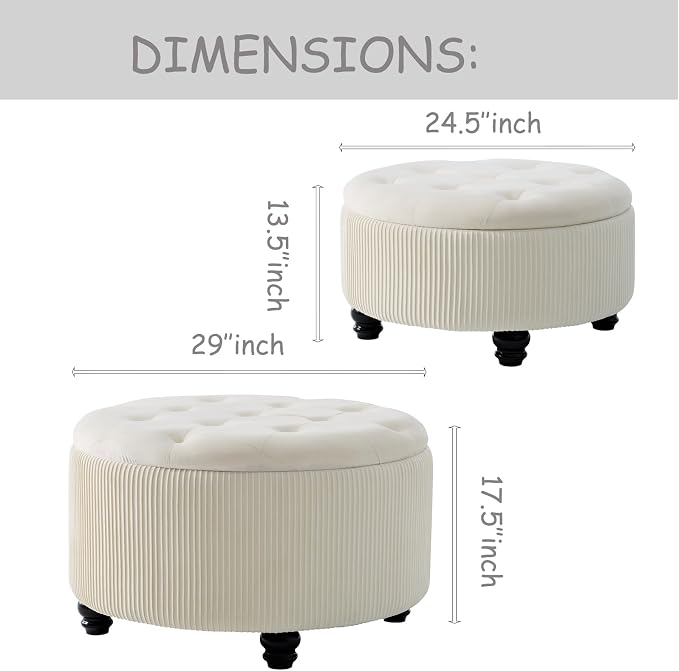 Round Ottoman with Storage Set of 2 Upholstered Velvet Vanity Stool for Living Room Storage Ottomans Multifunctional Foot Rest (Large-Off White)
