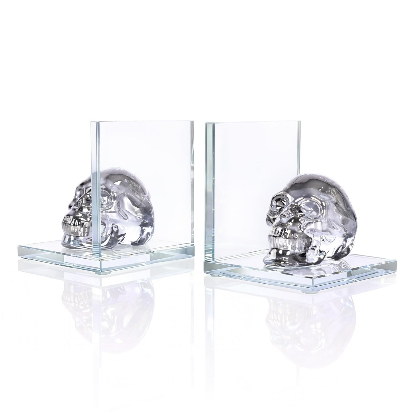 Skull Bookends Set of 2 – L Shaped Crystal Skull Decorative Bookends, Heavy Duty Non-Slip Book Ends for Shelves, Office and Home Decor