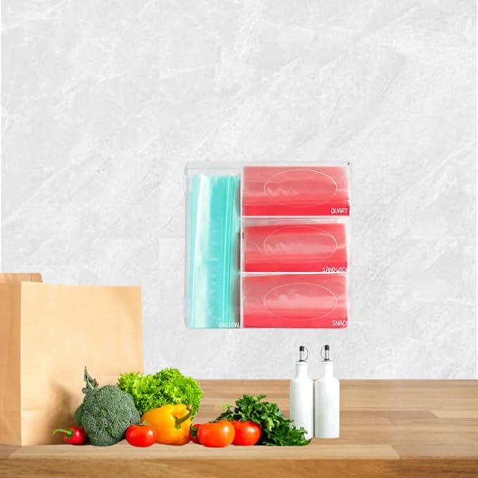 Plastic Bag Holder, Ziplock Bag Storage Organizer Acrylic Plastic Bags Organizer Drawer & Wall-Mount for Sandwich, Snack, Quartz, Gallon/Freezer