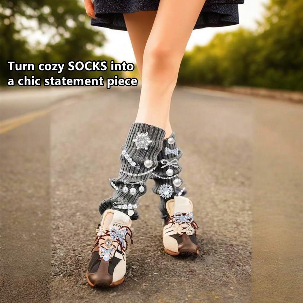 54PCS Junk Socks Charms Kit, Shoe Charms for Sneakers Girls,Silver Brooches and Pins for Women, Pearl and Rhinestone Sock Charm with Safety Pins, DIY Accessories for Decorating and Personalizing Socks