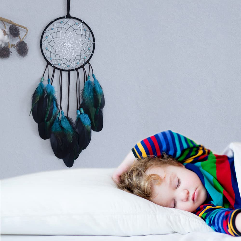 Blue Dream Catchers Handmade, Boho Traditional Circular Net for Wall Hanging Decor, Bedroom Kids, Home Decoration, Art Ornament Craft Gift