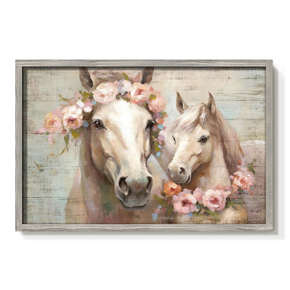Rustic Horses Wall Art Decor: Western Farm Equine Wooden Picture Country Animals Ponies with Wreath on Head Painting Artwork for Living Room Bedroom 45" x 30"