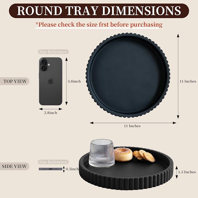 Decorative Tray for Coffee Table, Living Room, Side Table, 11" Black Round Concrete Home Decor Serving Trays for Accent Table, Console Table