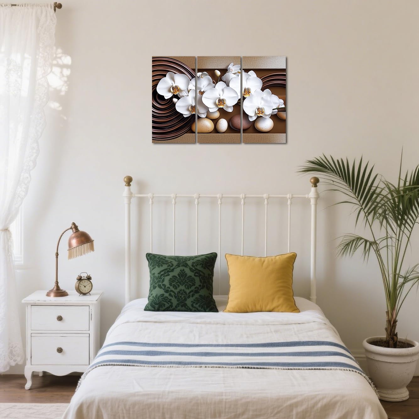 BJYCHG Orchid Picture Wall Art 3 Piece White Flowers Painting Abstract Floral Canvas Prints Modern Zen Artwork for Large Living Room Bedroom Office Decor Framed (Brown, 16x8inchx3 Pieces)