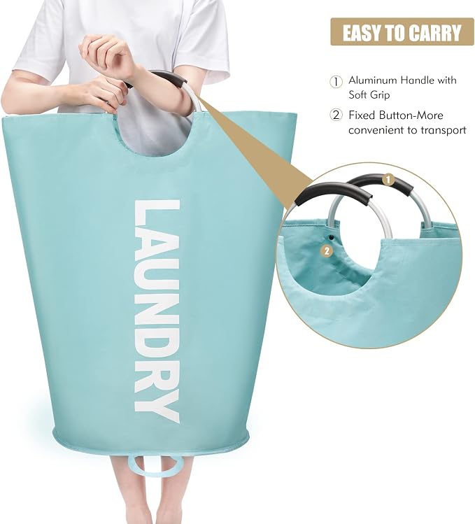 Maxsilan 90L Large Laundry Basket, Freestanding Tall Clothes Hamper, Collapsible Laundry Bag, Light Blue