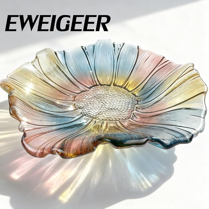 11.5-inch Crystal Glass Colorful Fruit Bowl Dessert Cake Candy Snack Plate,Art Sunflower-shaped,Large Size,Cool Design