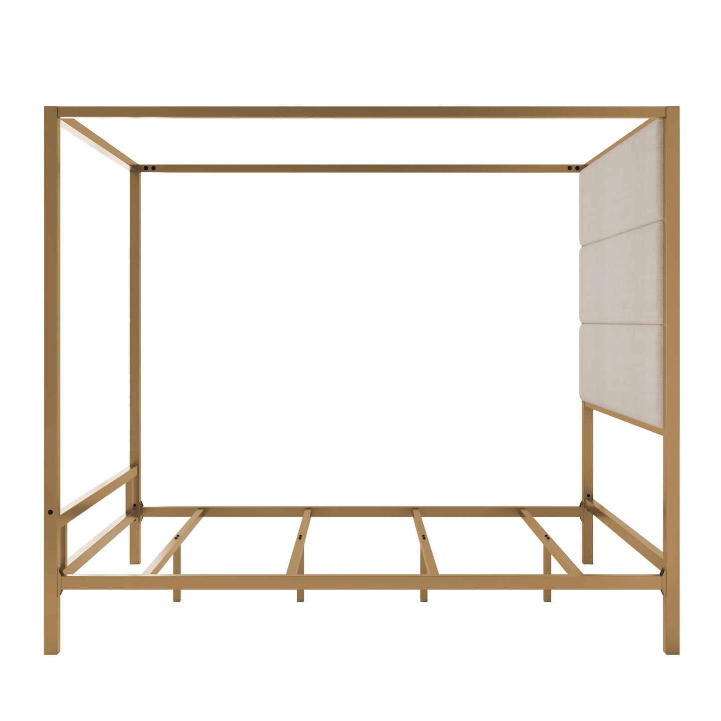 Merax Queen Size Gold Metal Canopy Bed Frame, Modern Upholstered Linen Headboard with Tall Back Support, 800 lbs Weight Capacity, Luxurious 4-Poster Bedroom Furniture for Modern Home, Gold+Tan