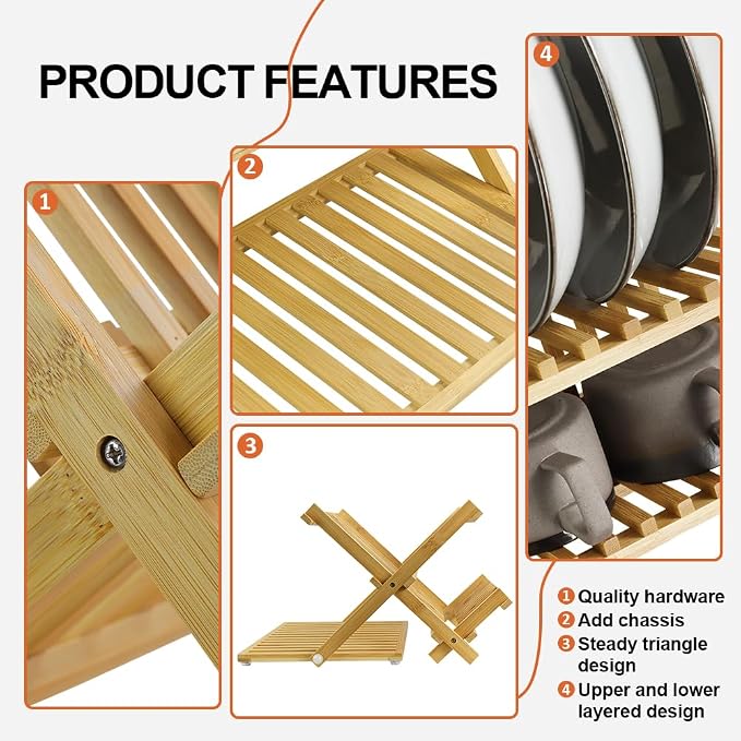 KKTONER Bamboo Dish Drying Rack with Utensil Holder 3 Tier Collapsible Drainer Rack with Dish Drying Mat for Kitchen Counter (Natural)