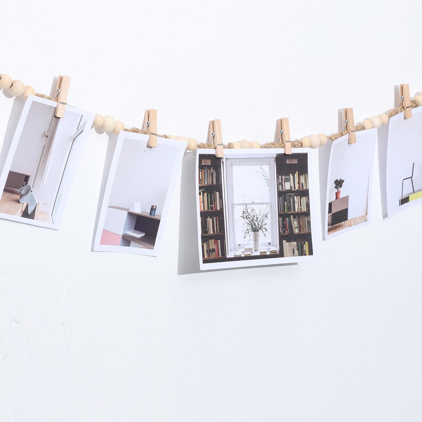 Hanging Photo Display Wall Decor, 3Pcs Boho Wooden Bead Garland Picture Banner Collage Picture Card Frame Holder with 30Clips, 24 Wooden Pegs for Bedroom, Living Room Teen Girl Gifts
